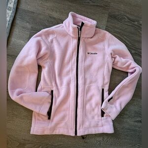 Columbia Pink Fleece Jacket SZ Sm. Burgundy trim. Zip front. Excellent condition